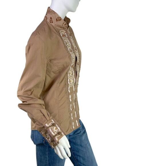 Roberto Cavalli Place Tan Floral Beaned Embroidered Shirt w/ Mandarin Collar 12 - Picture 10 of 16